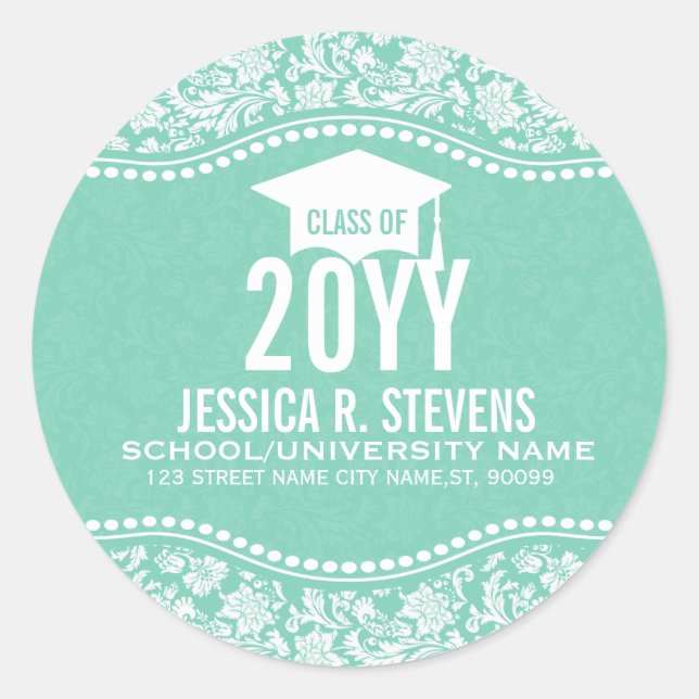 Adesivo Mint-Green & White Floral Damask Graduação Hat (Frente)