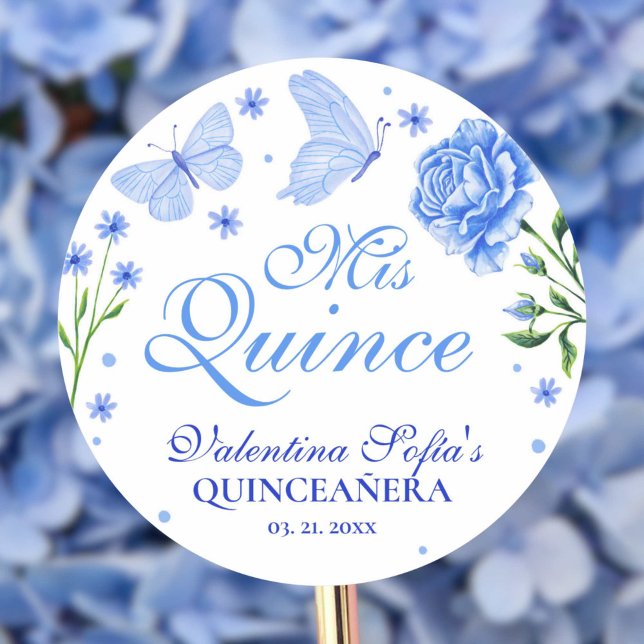 Adesivo Mis Quince Baby Blue Quinceañera Classic (Mis Quince Baby Blue Floral Quinceañera Classic Classic Round Sticker)