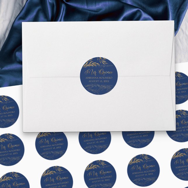Adesivo Mis Quince Royal Blue e Folha Dourada 15 Aniversár (Mis Quince stickers for stationery, favors and party decor in blue, from my Gold Leaf Collection)
