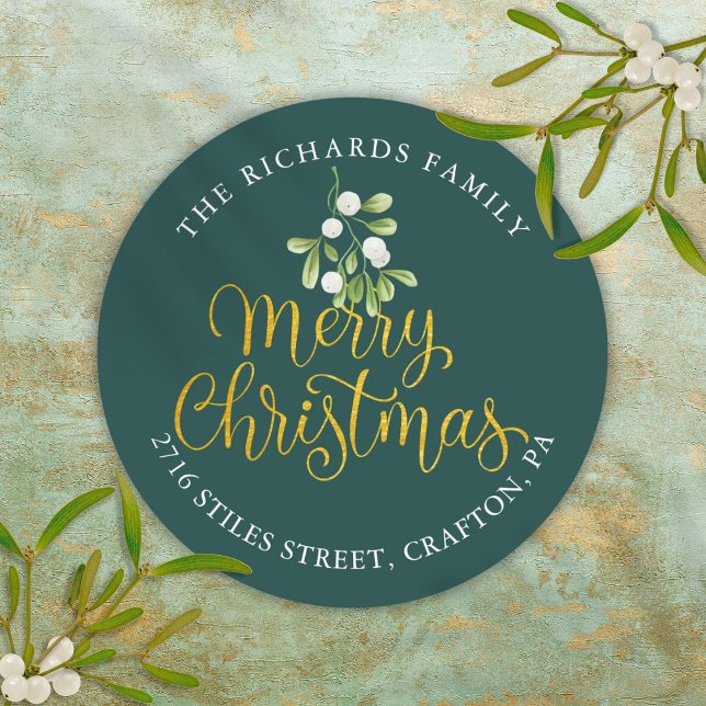 Adesivo MistletoDourado Endereço de Regresso de Feliz Nata (Mistletoe Gold Merry Christmas Return Address Classic Round Sticker)