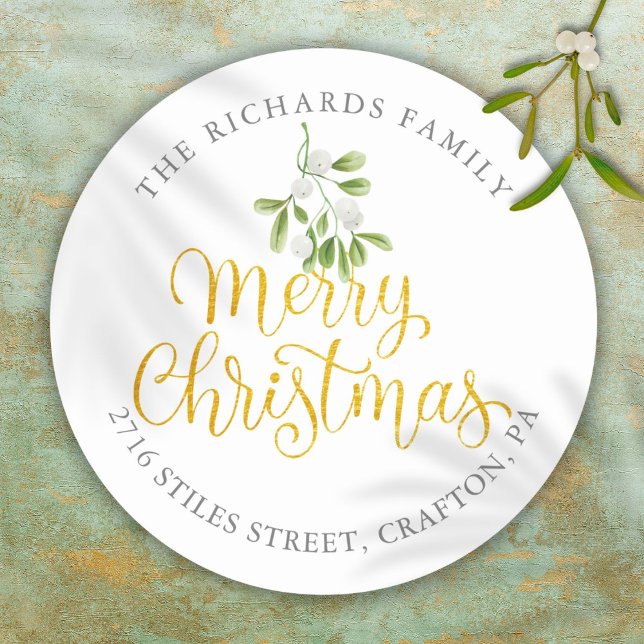 Adesivo Mistletoe Gold Feliz Natal Endereço de Devolução (Mistletoe Gold Merry Christmas Return Address Classic Round Sticker)