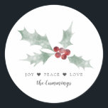 Adesivo Mistletoy Joy Peace Love Christmas<br><div class="desc">Vinheta embrulhada de presente de Natal elegante ou selo de envelope com ilustração aquosa de um emblete. O texto a seguir diz "Joy Angelilli Peace população: Amor."</div>