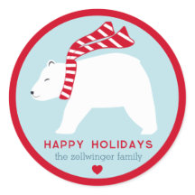 mod polar bears- ice blue- round holiday stickers