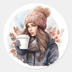 Adesivo Moda de água, moça de inverno com café