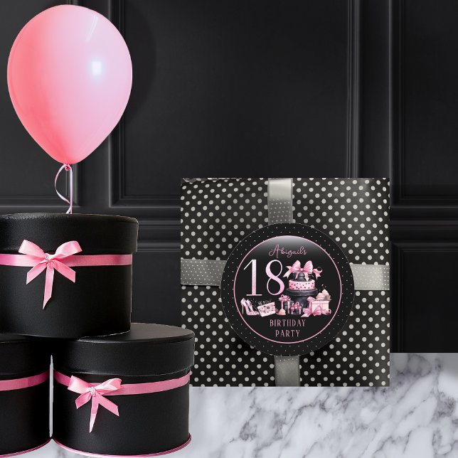 Adesivo Moda preta, cor-de-vidro, 18ª Festa de aniversário (Glam Pink and Black French Couture Fashion 18th Birthday Party Favor Stickers)