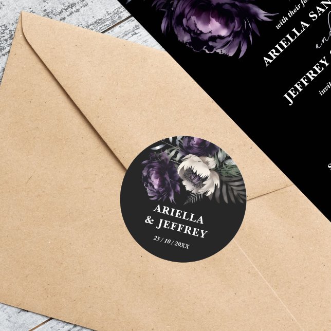 Adesivo Modelo de casamento elegante do mano escuro (Dark moody boho elegant wedding template sticker bride and groom names envelope sticker)