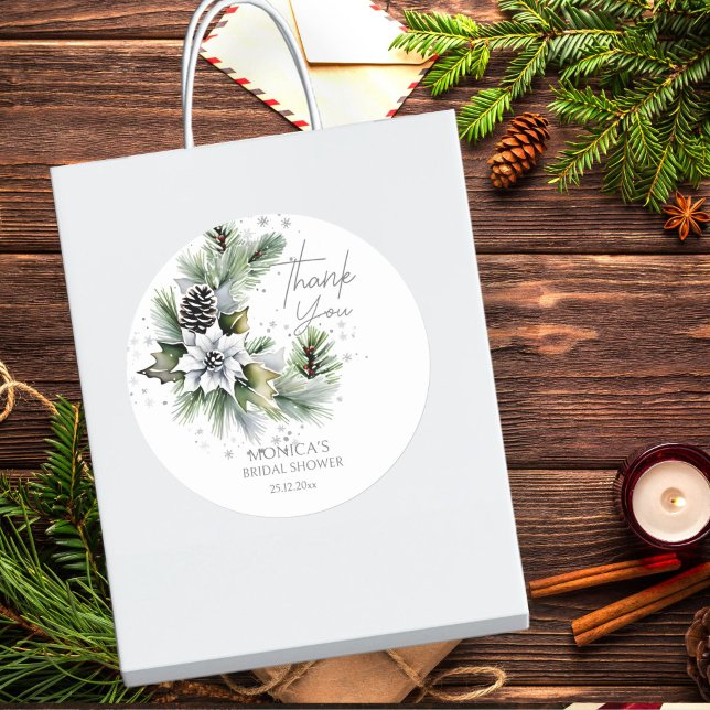 Adesivo Modelo de chuveiro de noiva de inverno, favor de a (Winter bridal shower template thank you favor sticker elegant watercolor pines white poinsettia)