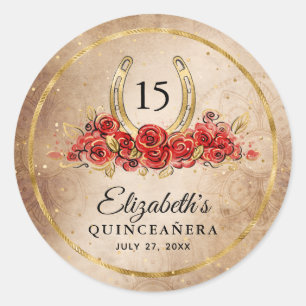 Adesivo Modelo de Ferradura Dourada Rústica Rosa Vermelha 