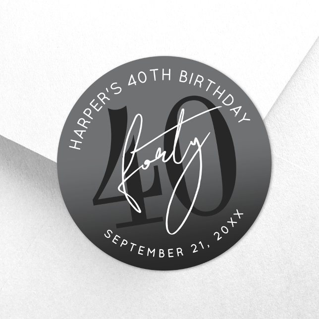 Adesivo Modern Black 40th Birthday Party (Modern Black 40th Birthday Party Classic Round Sticker)
