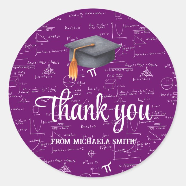 Adesivo Modern Black Cap Purple Math Graduation Thank You (Frente)