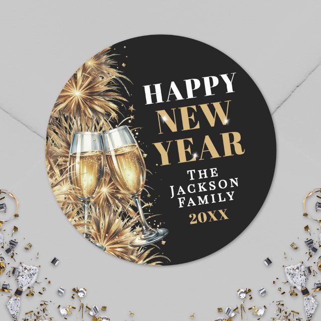 Adesivo Modern Black Gold Champagne New Year's Eve Party (Modern Black Gold Champagne New Year's Eve Party Classic Round Sticker)