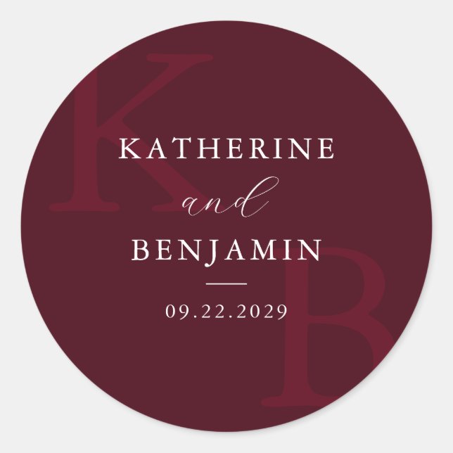 Adesivo Modern Burgundy Monogram Minimalist Wedding (Frente)