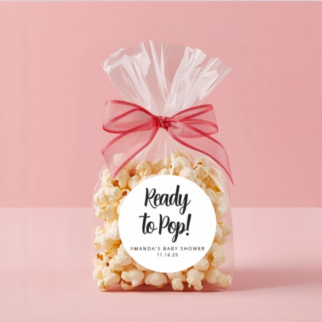 Adesivo Modern Custom Baby Shower Black Text Popcorn  (Modern elegant baby shower popcorn round sticker )