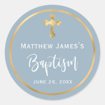 Modern Dusty Blue Gold Cross Boy Baptism 