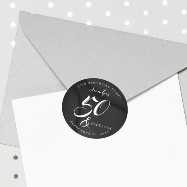 Adesivo Modern Elegant Black White Fifty Fabulous Birthday (Criador carregado)