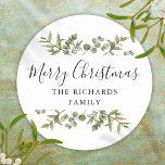 Adesivo Modern Greenery Felry Christmas Family Name<br><div class="desc">Molduras verdes em aquarelas com elegante roteiro Feliz de Natal nesses adesivos elegantes de Natal. Personalize com seu nome de família. Projetado por Thisnotme©</div>