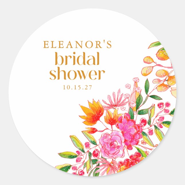 Adesivo Modern Pink Orange Watercolor Flower Bridal Shower (Frente)