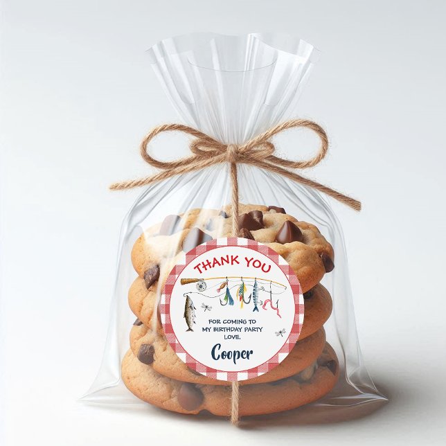 Adesivo Modern Red Gingham Fishing Birthday  (Ofishally One Birthday Sticker, Fishing Themed Birthday Sticker, Ofishal Birthday Sticker Gingham
)