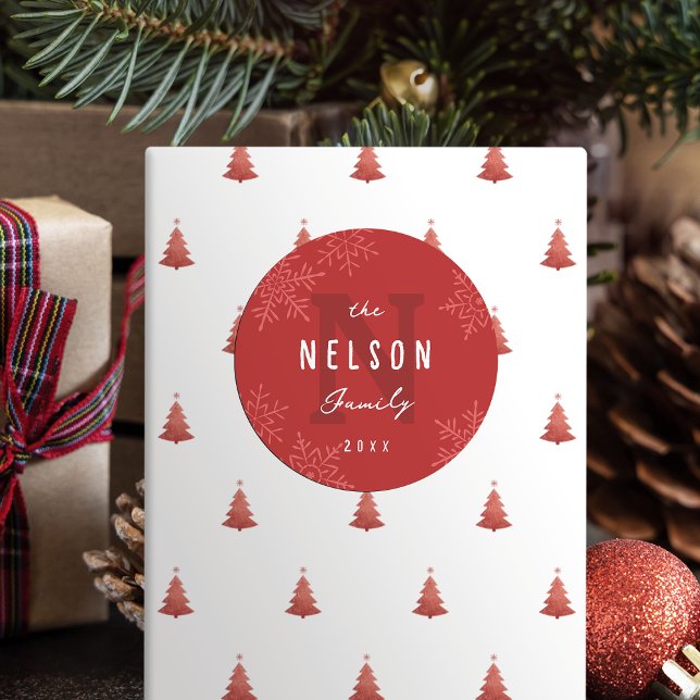 Adesivo Modern Script Snowflakes Family Name Holiday Favor (Modern Script Snowflakes Family Name Holiday Favor Classic Round Sticker)