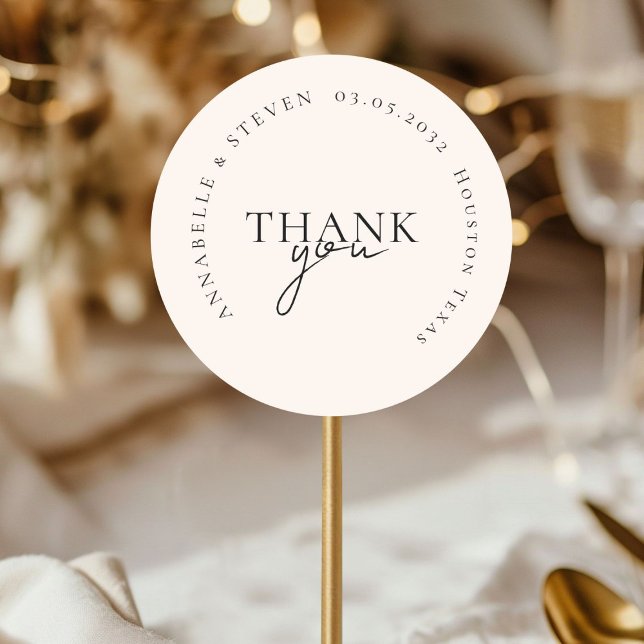 Adesivo Moderno, mínimo, bege, casamento (THANK YOU! Modern, Minimal, Beige, Wedding Classic Round Sticker with your name and date)