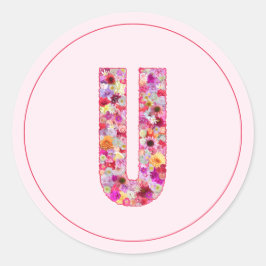 Adesivo Moderno Monograma Floral Rosa Elegante Letra U
