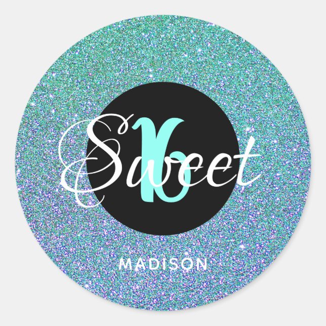 Adesivo Moderno Sweet 16 Teal Aqua Glitter Personalizado (Frente)