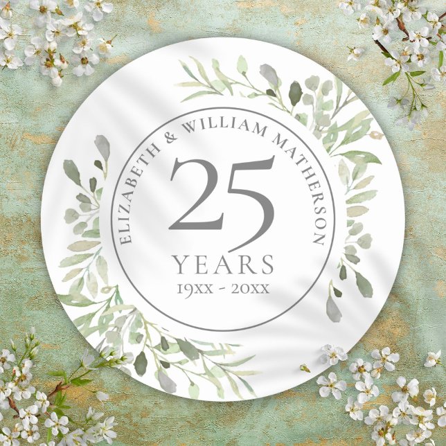 Adesivo Molho de Aquarela Deixa 25 Aniversário (Soft Watercolour Leaves 25th Anniversary Classic Round Sticker)