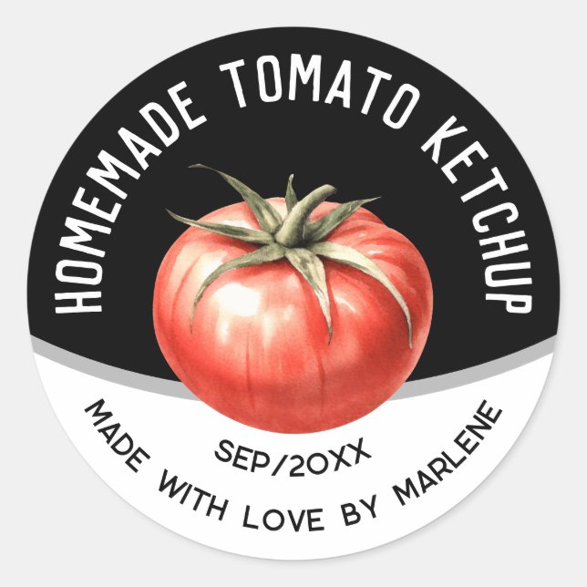 Adesivo Molho de Tomate Caseiro Editável com tomate vermel (Frente)