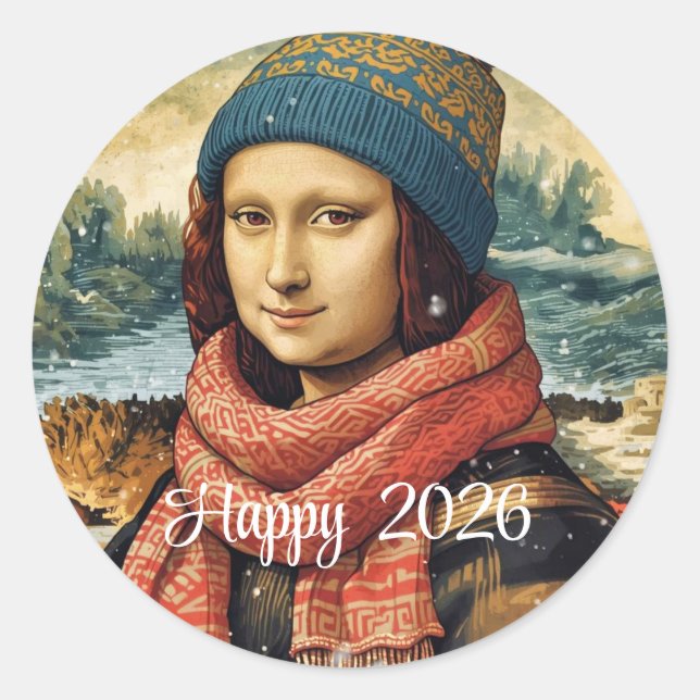 Adesivo Mona Lisa com touca - Feliz 2026 (Frente)