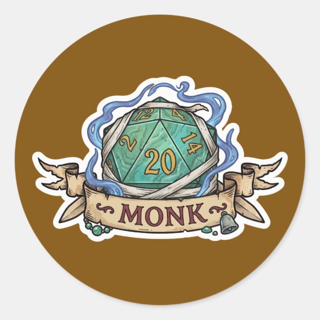 Adesivo Monk D20 Class Crest Sticker - Funny D&D Monk Dice (Frente)