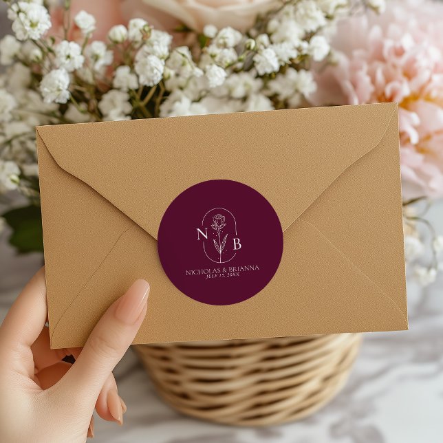 Adesivo Monogram Burgundy Minimalist Modern Wedding (Criador carregado)