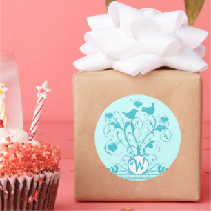 Adesivo Monograma Aves Casadas Corações Suores Azul Aqua