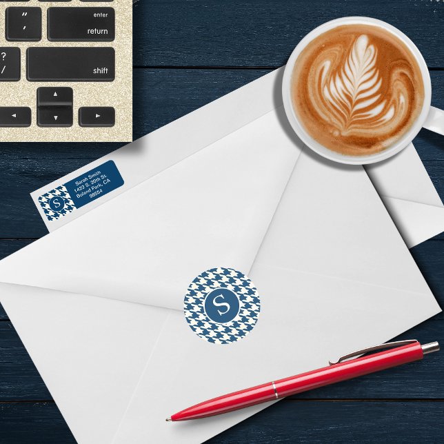 Adesivo Monograma Azul e Branco Moderno de Houndstooth (Criador carregado)