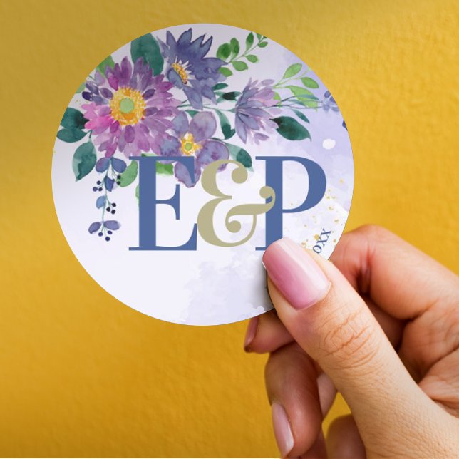 Adesivo Monograma Bonito Casamento Floral Azul Roxo (Criador carregado)