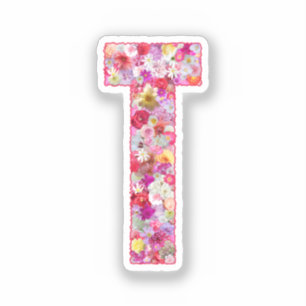 Adesivo Monograma Botânico Rosa Floral Letra Inicial T