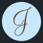 Adesivo Monograma castanho J no rótulo de favor azul claro<br><div class="desc">Os presentes monográficos têm uma enorme seleção de selos de correio USPS personalizáveis, autocolantes de envelope, cartões de saudação, camisetas, chapéus, botões, ímãs e muito mais. Estes monogramas são excelente de enviar convites para casamento, Convites de festas de aniversário, anúncios de graduação, e festas de aniversário surpresa apenas para citar...</div>