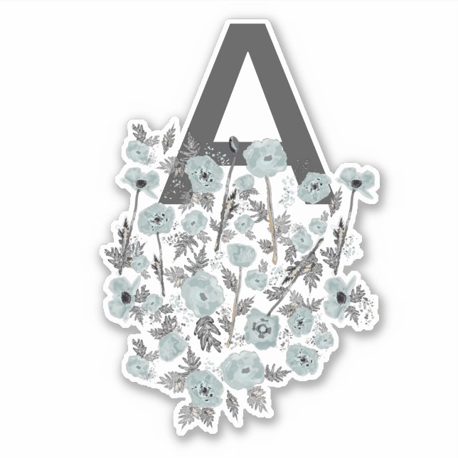 Adesivo Monograma Cinza Azul Preto Aquarela Floral (Frente)
