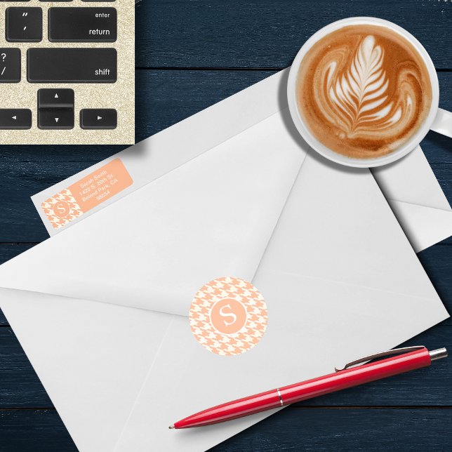 Adesivo Monograma Clássico de Peachy Coral Houndstooth (Criador carregado)