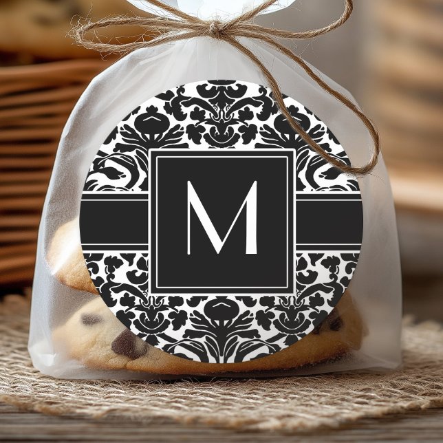 Adesivo Monograma com Damask Preto e Branco (Personalized Sticker)