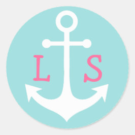 Adesivo monograma cor-de-rosa sobre âncora branca em azul