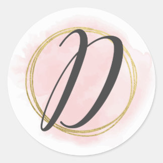 Adesivo Monograma da Letra D Rosa Bege Aquarela Dourado Ch