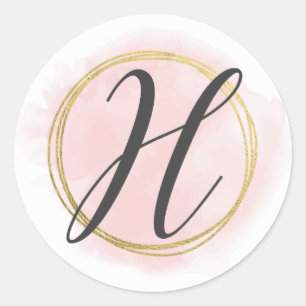 Adesivo Monograma da Letra H Rosa Bege Aquarela Dourado Ch