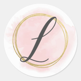 Adesivo Monograma da Letra L Rosa Bege Aquarela Dourado Ch