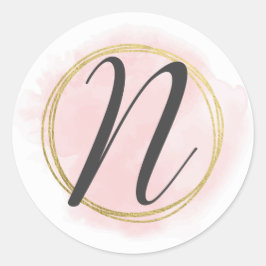 Adesivo Monograma da Letra N Rosa Bege Aquarela Dourado Ch