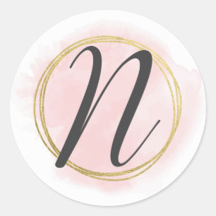 Adesivo Monograma da Letra N Rosa Bege Aquarela Dourado Ch