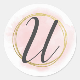 Adesivo Monograma da Letra U Rosa Bege Aquarela Dourado Ch