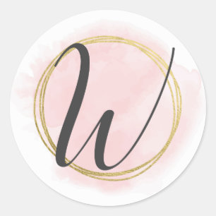Adesivo Monograma da Letra W Rosa Bege Aquarela Dourado Ch