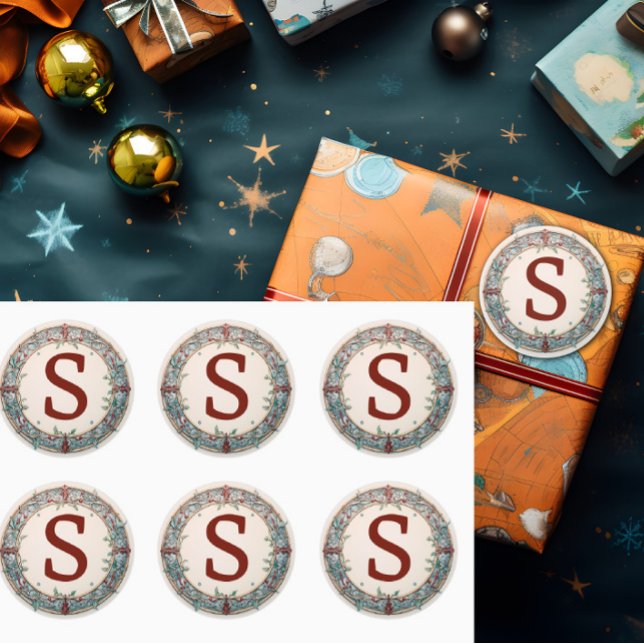 Adesivo Monograma da Rua de Natal (A single initial is shown on a Christmas wreath monogram sticker label.)