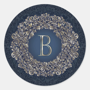 Adesivo Monograma Damask Fancy B Letra Azul Dourada