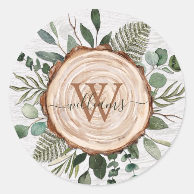 Adesivo Monograma de Aquarela Fatia de Madeira Rústica e F (Frente)